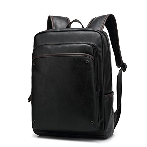 BAOSHA BP-11 Unisex Wasserdichter PU Leder Business Laptop Rucksäcke 14 Zoll Herren Damen Kunstleder College Studenten Schule Tasche School Backpack Daypack Schwarz