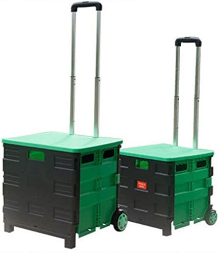 BRG315 Car Boot Storage Box A Folding Transport Trolley Multifunction Shop Supermarket Retractable Rod Rolling Wheels Foldable Box Shopping Cart Load Capacity Up To 35Kg Crate With Waterproof Cover , Green And Black , 43 * 38 * 43CM
