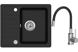 ‎VBCHOME VBChome Spülbecken Granit Schwarz mit Armatur 55 x 44 cm Einzelbecken Einbauspüle Gesprenkelt Reversibel Granitspüle Siphon Waschbecken Armatur Schwarz Spülbecken mit Schwarz Armatur