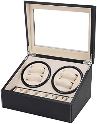 Wood Automatic Rotate Watch Winder, Leather Display Box Case,Motor Table Box,4+6 Positions , black