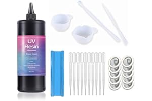 VIDAROSA Kit Resina UV trasparente 1kg senza ingiallimento, con tazze di miscelazione, bastoncini, tappetino da tavolo, culle per dita, pipette per artigianato in resina Creazione di gioielli fai da te DIY