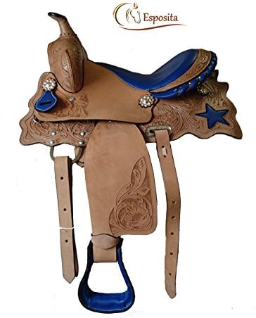 'Esposita Western Saddle "Prince For Pony and Shetlands Real Leather with Stars in Blue