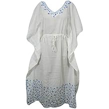 Mogul Interior Womens Caftan Dress White Drawstring Embroidered Cover Up Kaftan L