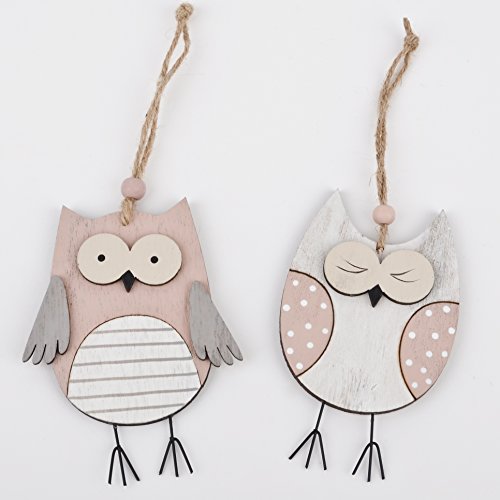 Eulen 2er Set Deko Anhänger Holz 12x9x1cm natur rosa Dekogirlande