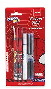 Cello Exeed Spiderman Fountain Pen + Erasemate combo | Pack of 2 fountain pens, 1 Erasemate pen & 4 cartridges | Disney Spiderman artwork on fountain pens| Ideal for students| Fountain Pen with refill