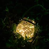 【IP65 Wasserdichte Glasglasleuchte】 Eine Gummidichtung passt auf den Deckel, um sicherzustellen, dass kein Wasser in die Dose gelangt und die Batterie geschützt wird. Die Solarladefläche ist auch wasserdicht, ideal für die Außendekoration.