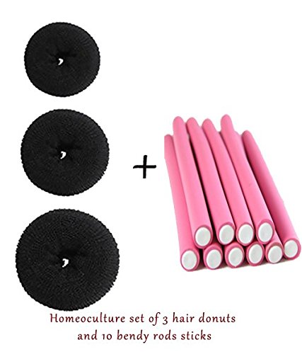 Homeoculture Pack of 3 hair donuts | All 3 different sizes + 10 pieces self holding Hair Curling Flexi rods Magic Air Hair Roller Curler Bendy Magic Styling Hair Sticks hair pin RS.225 (55.00% Off) - Amazon