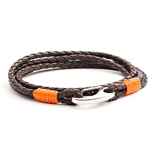 Tribal Steel, 21 cm langes Herrenarmband aus braunem und orangefarbenem Leder, doppelt gewickelt mit Edelstahlkarabiner