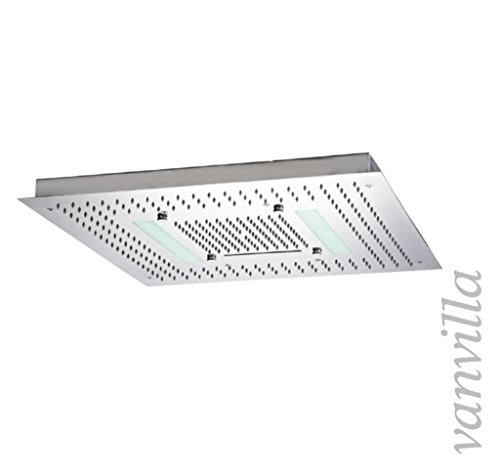 vanvilla LED Duschkopf 65cm x 65cm Edelstahl gebürstet Regendusche Schwall Sprühnebel flächenbündig Einbaubox 116565WB