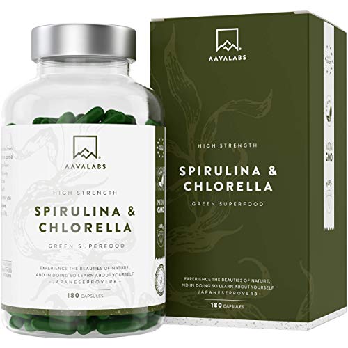 Gélules de Spiruline Chlorella [ 1800 mg ] - 180 Gélules - Complément Alimentaire Musculation - Parfait pour Smoothies et Jus - 100% Végétalien et Sans Gluten - Fabriqué en Europe