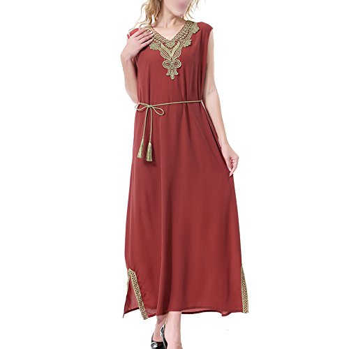HaodasiMuslim Ladies Sleeveless Abaya Kaftan with Belt Dubai Saudi Arabian Women's Tunic Dress Islamic Pakistan Ethnic Robe Cocktail Gown Jalabiyas,TH908