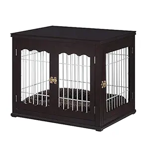 unipaws Pet Crate End Table with Cushion, Wooden Wire Dog Kennels with Double Doors, Modern Design Dog House, Medium and Large Crate Indoor Use, Chew-Proof (Medium, Espresso)