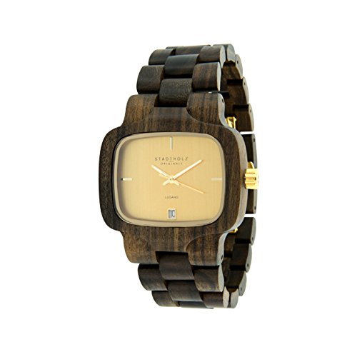 STADTHOLZ Unisex Armbanduhr Holzuhr Lugano mit Safirglas aus Sandelholz Gold Datumsanzeige STADTHOLZ Unisex Armbanduhr Holzuhr Lugano mit Safirglas aus Sandelholz Gold Datumsanzeige