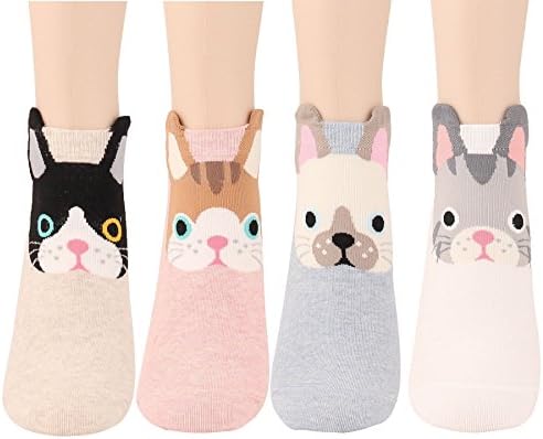 JYsense Womens Cute Animal Pattern Painting Crazy and Fun Cotton Crew Socks , Owls Dogs Cats Painting Cotton Crew Socks (Cute Cat 4 Pairs)