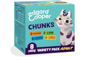 Edgard Cooper cibo umido per gatti, Multipack (Tacchino/Pollo/Salmone/Agnello, 8 x 85g), carne in salsa, sterilizzati o attivo, ingredienti naturali, senza zuccheri aggiunti