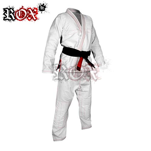 ROX Fit BJJ GI Tuta per Competizione Brazilian Jiu Jitsu GI Tuta - White Suit with Red Stitching Bianco con Cuciture Rosse, Taglie A0, A1, A2, A3, A4, A5, A6 (A0)