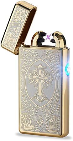 Arc Lighter Rechargeable USB Electronic Coil Lighters Dual Arc Beam Cigarette Lighter Cigar Lighter No Gas Flameless Windproof (Gold)