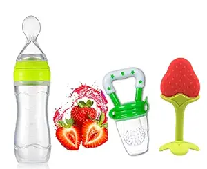 GIlli Shopee Baby Food Feeder Silicone Spoon Bottle for Baby Feeding 120ml & Baby Food Nibbler for Fruit and Veggie & Baby Fruit Shape Silicone Teether for Infants (Green/Strawbery)