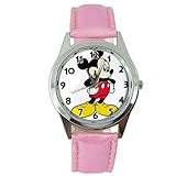 taport® Mickey Mouse Quarzuhr pink Leder Band Disney + Gratis Ersatz Batterie + Gratis Geschenkverpackung