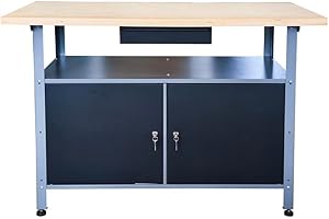KREHER Banco da lavoro in metallo con compensato da 30 mm, ante e cassetto, dimensioni (L x P x A): 120 x 85 x 60 cm