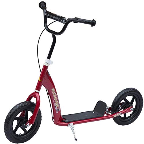 Homcom Patinete Scooter 2 Ruedas 12 Pulgadas Monopatín para Niños y Adultos Manillar Ajustable con Freno y Caballete Carga 100kg 120x52x75-86cm Acero