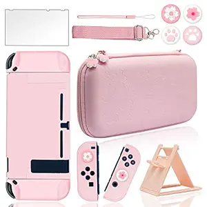 BRHE Pink Travel Carrying Case Accessories Kit for Nintendo Switch with Hard Protective Cover, Glass Screen Protector, Ultra-Thin Adjustable Stand and Thumb Grip Caps 10 in 1