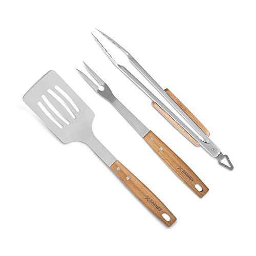 Edelstahl Grillzubehör-Set 5 tlg. von Springlane Selection bestehend aus Echtholz Grillbesteck-Set (Grillzange + Fleischgabel + Grillwender), Grillbürste und Grillplatte - 3