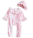 WANGSAURA Baby Girl Bow Flower Print Romper and Cap Set Infant Newborn Jumpsuit Clothing (3m, A)