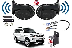 SHOP4U Square Shape Car Windtone Horn with Raley and Wire for Mahindra Scorpio (Set of 2 Horn with Relay and Wire, Black)