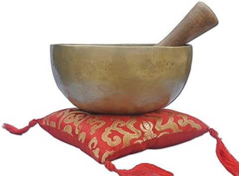 Hand Made Tibetan Meditation Singing Bowl - With Mallet &amp; Silk Cushion, 5 Inch ,Gold-toned trim Handcrafted bowl Great for Yoga Meditation,Complete Set of-1 Piece Bell Metal Tibetan Buddhist Singing Bowl