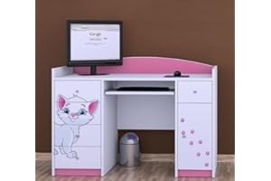 ‎HAPPY BABIES Happy Babies Kinderschreibtisch 125x89x60 PC-Tisch für Kinderzimmer mit Tastaturablage Decorativer Computertisch weiß Rosa Muster Kätzchen