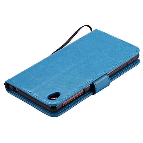 Sony Xperia Z3 Hülle Blau im Retro Wallet Design,Cozy Hut Sony Xperia Z3 Hülle Leadertasche Premium Lederhülle Flip Case im Bookstyle Folio Cover Kartenfächer Magnetverschluss und Standfunktion Leder Schale Etui für Sony Xperia Z3 (5,2 Zoll) Handytasche Schutzhülle Katzen und Bäume Muster – blau - 6
