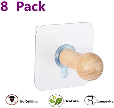 Joykey Adhesive Hooks 8 Pcs Wall Hanging Hook Heavy Duty Wooden Hooks for Kitchen,Bathroom,Door,Coats,Bag