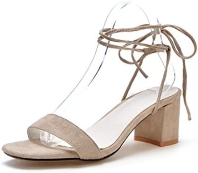 SHFANG shoes Ladies Sandals Summer Velvet Noodles Pointed Dew Toe High Rough Heel Ankle Strap Party Shopping 6cm, Apricot, 39