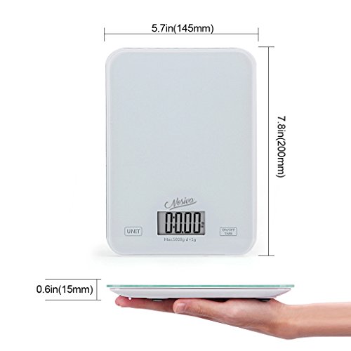 NOSIVA Digitale Küchenwaage mit großer LCD Anzeige – Weiss Hartglas Stand Waage für Lebensmittel/Kräuter/Kaffee, Hohe Präzision auf bis zu 1g (5kg Maximalgewicht) - 3