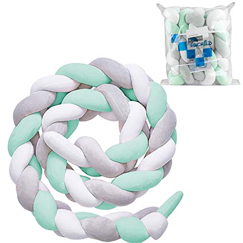 Preisvergleich Produktbild Luchild Bettumrandung Babybett Länge 2m Baby Nestchen Bettumrandung Weben Geflochtene Stoßfänger Dekoration für Krippe Kinderbett (Grau + Weiß + Grün)