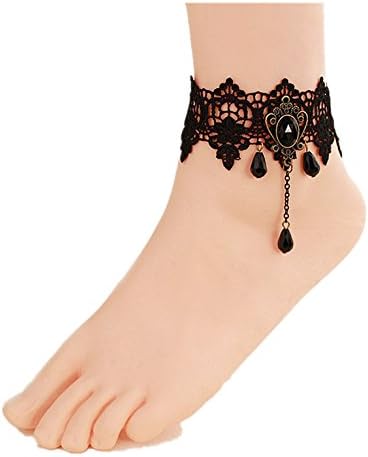 Women's Antique Handmade Lace Anklets Vintage Black Crystal Charm Chains