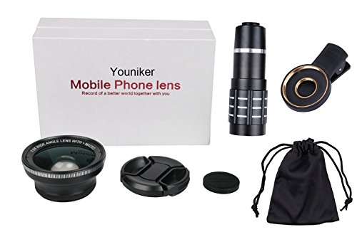 Youniker 3Â in 1Â universale kit obiettivo per iPhone ,12Â x Zoom teleobiettivo + 0.45Â x obiettivo grandangolare + 12.5Â x obiettivo macro obiettivo della fotocamera del telefono a clip, per iPhone 7/6Â Plus, Samsung, most Smart PHONES