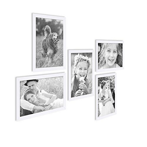 5er Bilderrahmen-Set 21×30 cm DIN A4 Photolini Basic Collection Modern Weiss aus MDF inklusive Zubehör / Bilderrahmen-Collage - 5