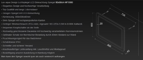Lux-aqua Design Lichtspiegel Badezimmerspiegel LED Beleuchtung mit 1050 Lumen 80 x 60 cm MF6980 - 3