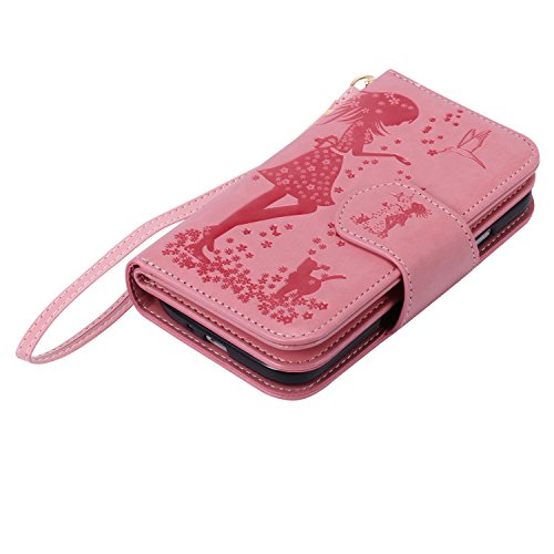 Galaxy S4 Hülle,Galaxy S4 Schutzhülle,Galaxy S4 Leder Hülle,ikasus® Prägung Floral Blumen Mädchen und Katze Vögel Muster PU Lederhülle Flip Hülle im Bookstyle Cover Schale Slim Fit Soft Silikon Magnetverschluss Schutzhülle PU Leder Hülle Flip Wallet Case Kunstleder Tasche Cover mit Standfunktion und Kartenfächer Tasche Wallet Case für Samsung Galaxy S4 i9500 – Mädchen und Katze:Rosa - 5
