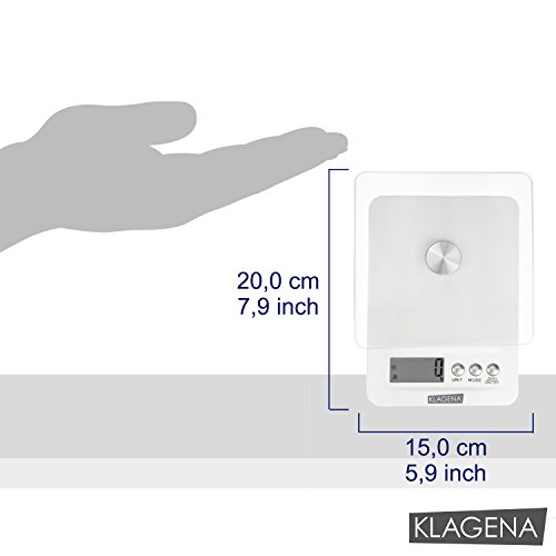 KLAGENA Digitale Küchenwaage mit LCD-Display, in weiß, bis 5000 g – Elektronische Waage / Lebensmittel-Waage / Brief-Waage / Tisch-Waage / Digital-Waage – mit 2 Jahren Geld-zurück-Garantie .. - 3