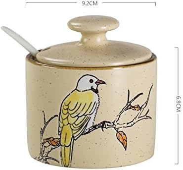 Spice Jar Creativity Hand Painted Pattern Cover spoon storage sugar coffee tea Condiments Cans Seasoning Bottle Canned Food Cooking and Dining-400ml , seasoning can only be installed - bird (yellow)