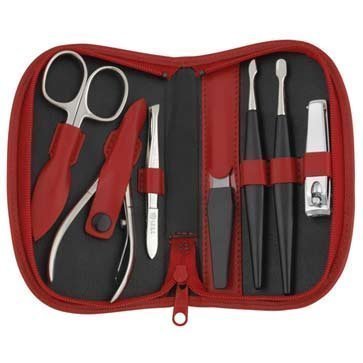 Sonnenschein Exclusiv German Made 7 Piece Stainless Steel Manicure Set in Red Leather Case