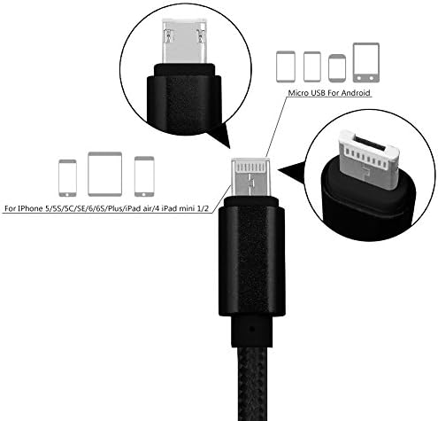 One Plug USB Cable for Android and iPhone, 3.3FT Reversible Micro USB Cable and Lightning Cable Nylon Braided 2 in 1 Joined Cord Both Charge and Data Transfer for Android / iOS / GPS / MP3 (black)