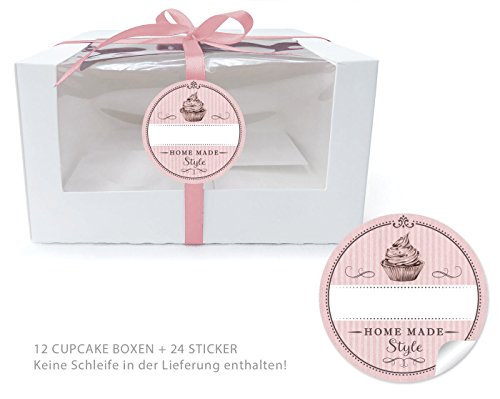 12 CUPCAKE PATISSERIE BIO BOXEN + 24 AUFKLEBER: 12 Geschenk-Boxen mit Sichtfenster (Muffin Box/ Gift Box / Schachtel / Aufbewahrungsbox) und 24 Aufkleber "Cupcake rosa" mit Freitextfeld • Optimal für selbstgemachtes Weihnachtsgebäck, Schokolade, Hochzeitsmandeln Weihnachtsgeschenke, Gastgeschenk zur Hochzeit und für viele weitere Anlässe: Taufe, Geburtstag, Muttertag, Ostern • Flach liegend geliefert, faltbar • Format: Länge 13cm x Breite 11cm x Höhe 8cm