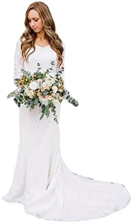 HotGirls Women Elegant Lace Appliques Long Sleeves Wedding Dress With Long Train (UK28, White)