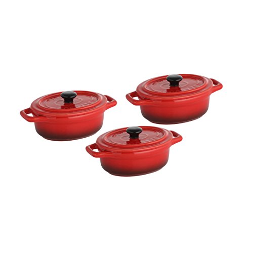axentia Kasserolle 3er-Set Sorrel in Rot - Schmorkasserolle 15cm oval - Bräter mit Deckel - Schmortopf backofengeeignet - Mini-Kasserolle für Mikrowelle - Keramiktopf 0.2 Liter