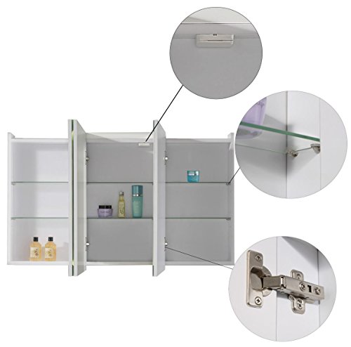 Eurosan London, L100, 3-türiger Spiegelschrank, Integrierte LED-Frontbeleuchtung, Breite 100 cm, Weiß - 3