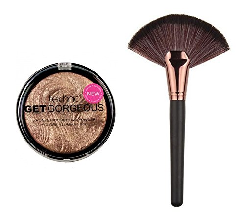 Technic Get Gorgeous Bronze Highlighting Powder 12g + LyDia® Large Rose-Gold Fan Cheek/Blending/Contour/Highlighter/Bronzer/Dust Makeup Brush